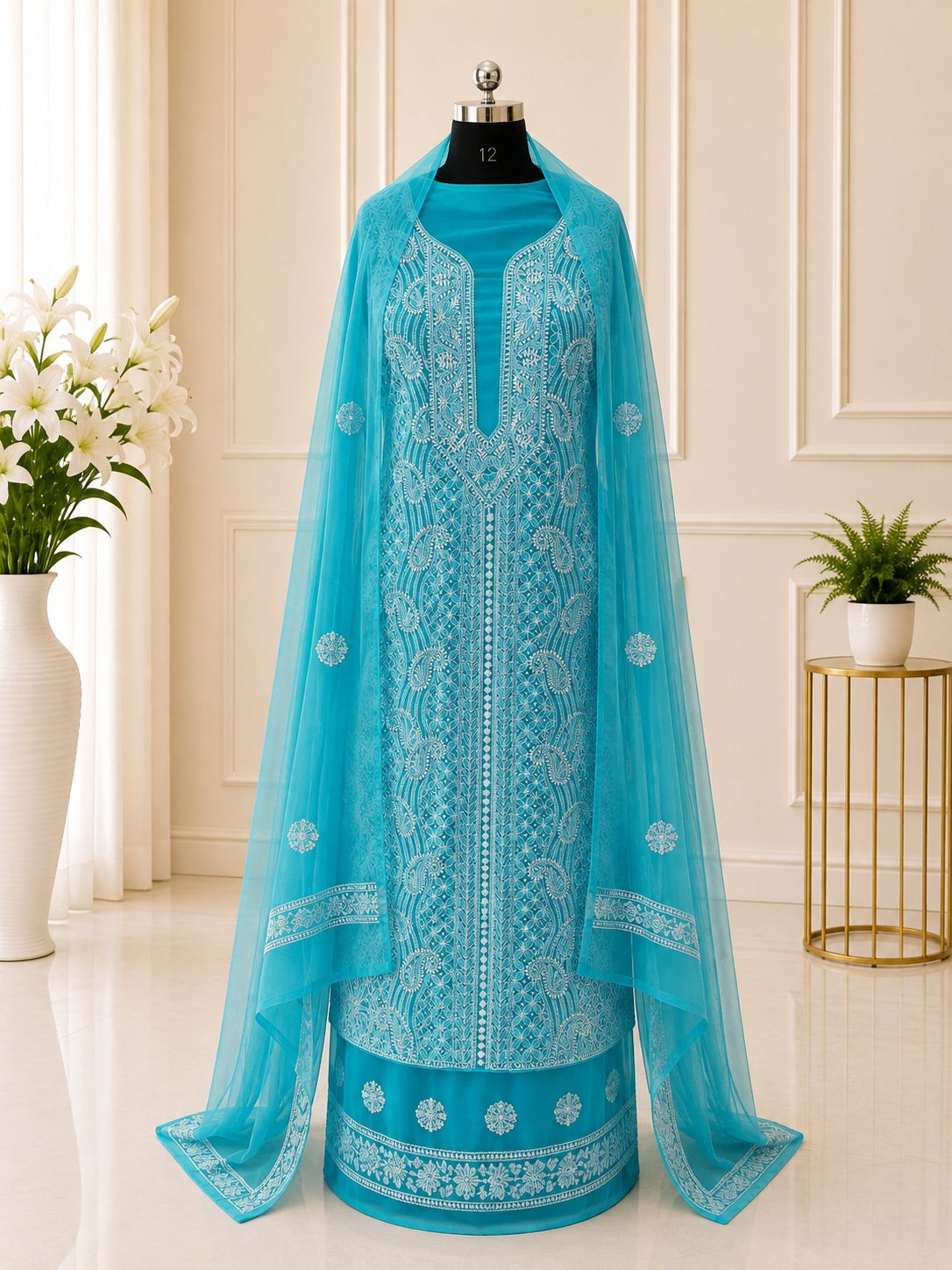 Aqua Blue Chikankari Georgette Dress