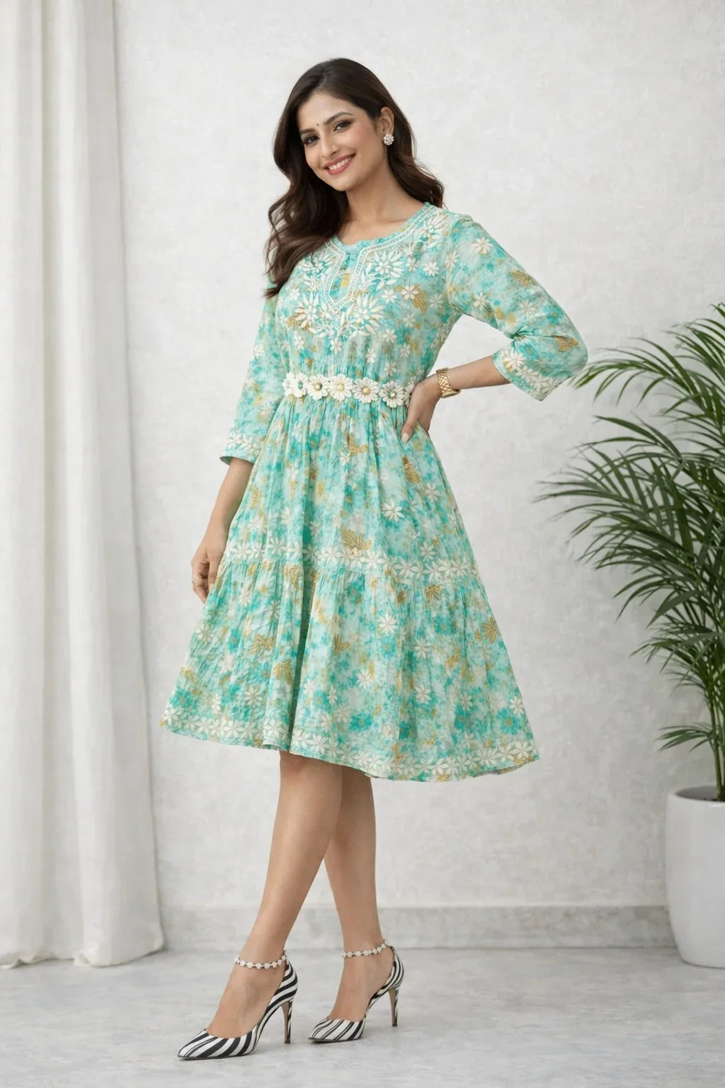 Karigiri Green Lucknowi Chikankari Printed Cotton Frock Kurti
