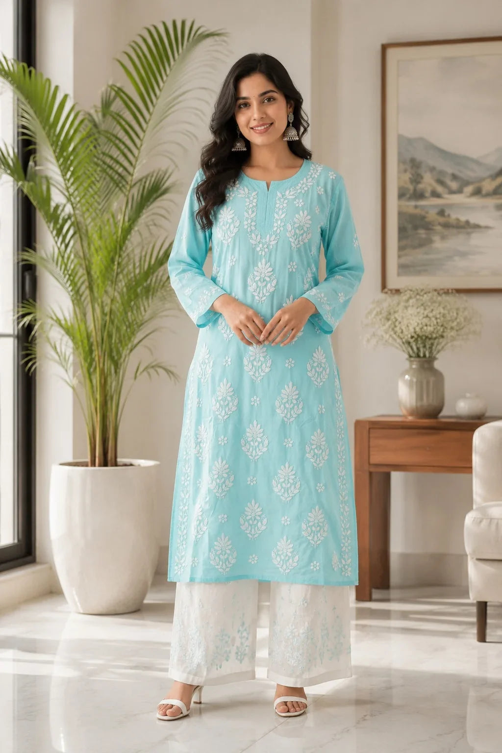 Karigiri White & Black Lucknowi Chikankari Cotton Kurta Long Kurti