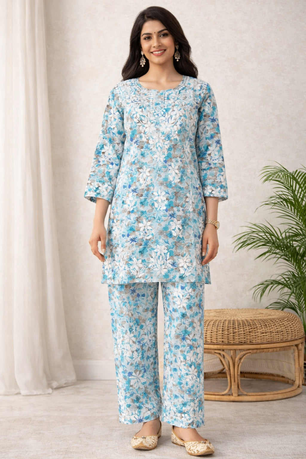 Karigiri Sky Blue Lucknowi Chikankari Co-ord Set for Women