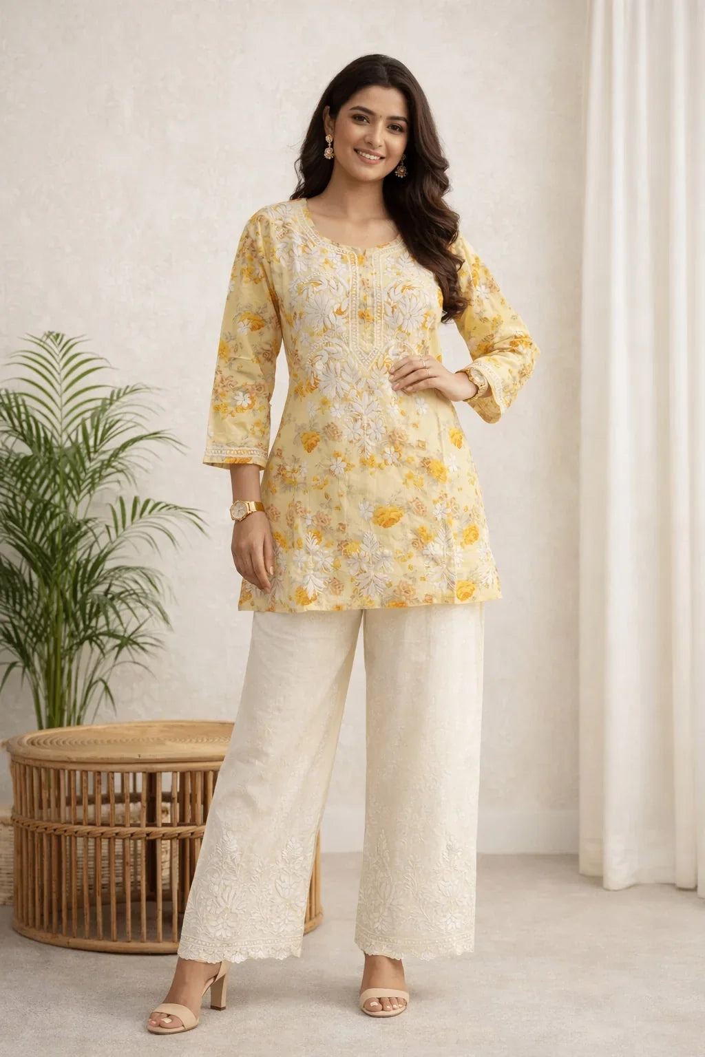 Karigiri White Lucknowi Chikankari Hand Embroidered Pure Cotton Straight Hip Length Short Kurti, 3/4 Sleeve