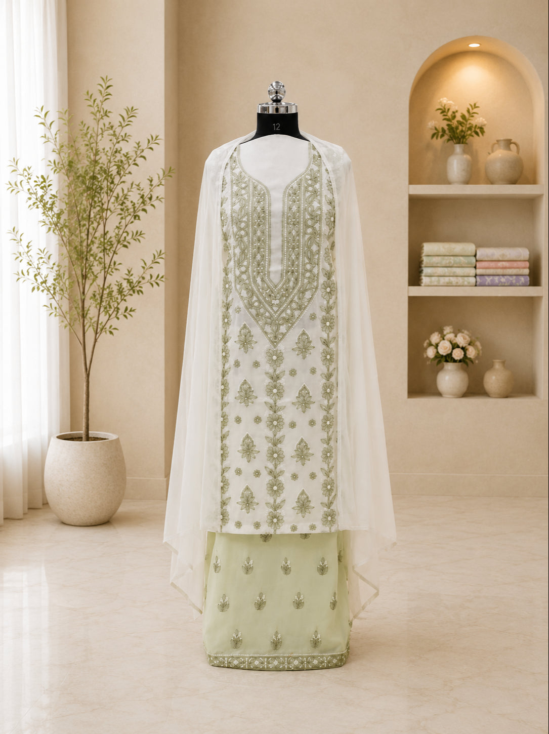 Karigiri Sage Green Hand Embroidered Soft Cotton Unstitched Contrast 3-Piece Dress Material_AFC007