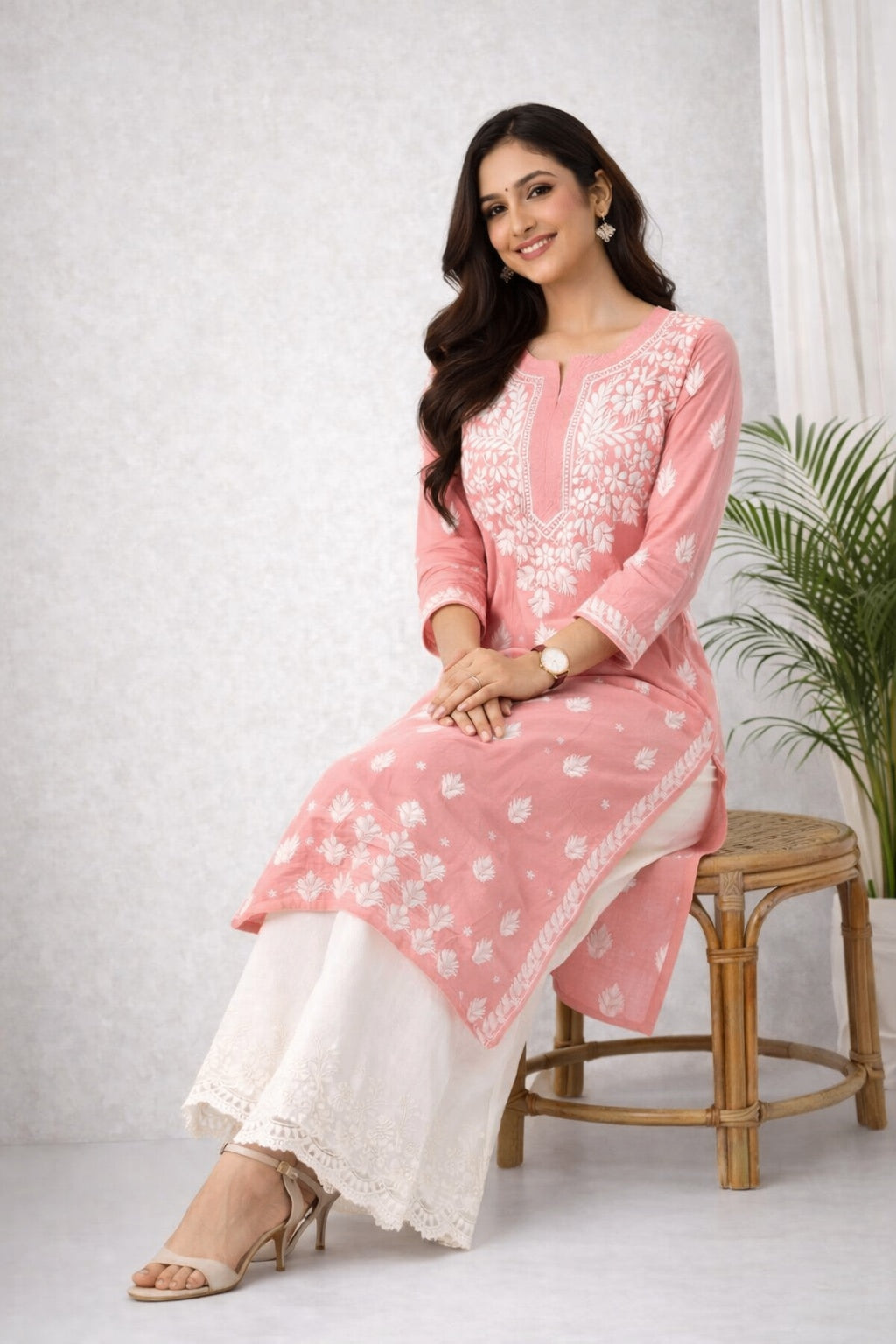 Karigiri Peach Pink Chikankari Cotton Kurti Women_KF0104