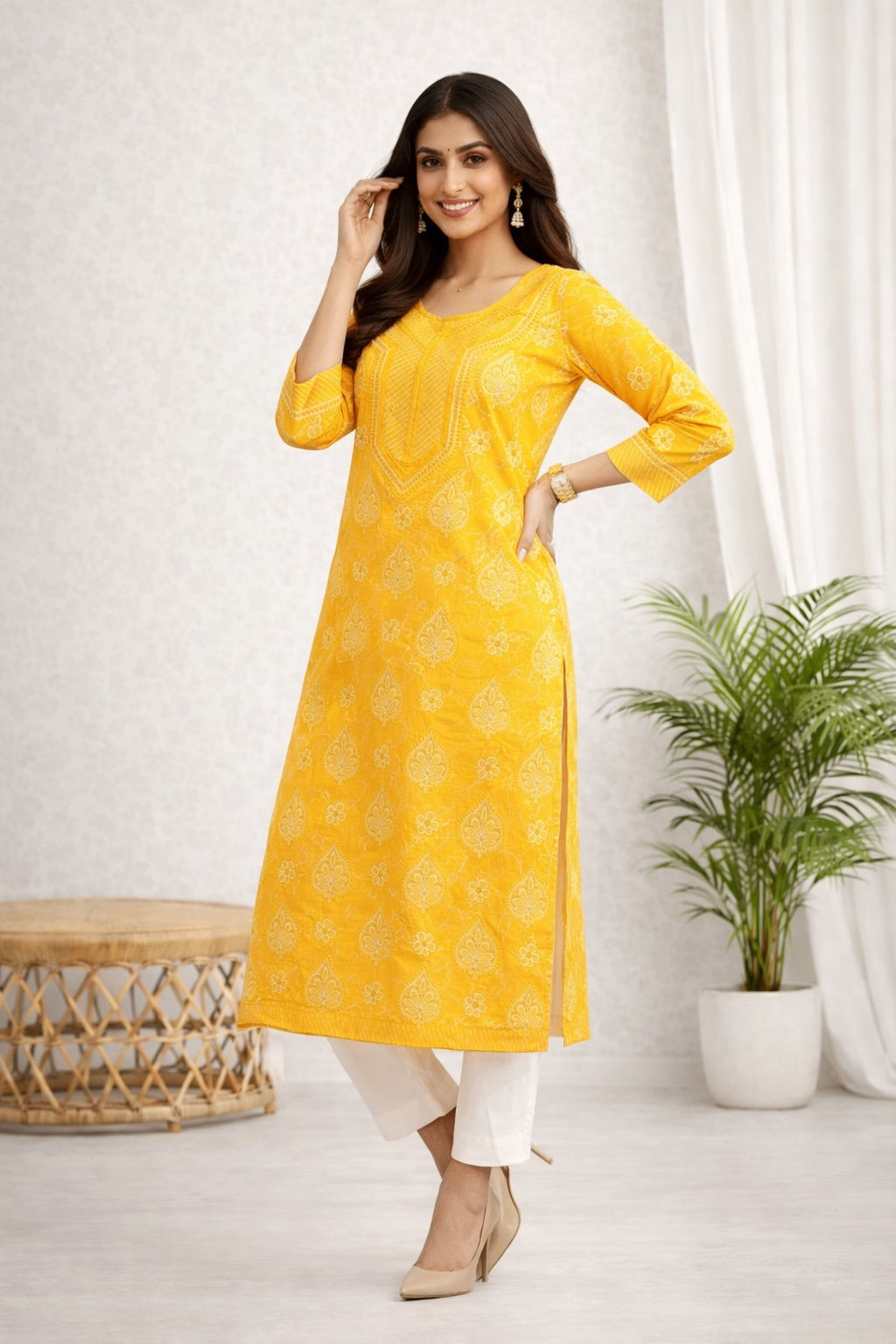Karigiri Mustard Yellow Chikankari Cotton Kurti_KF0091