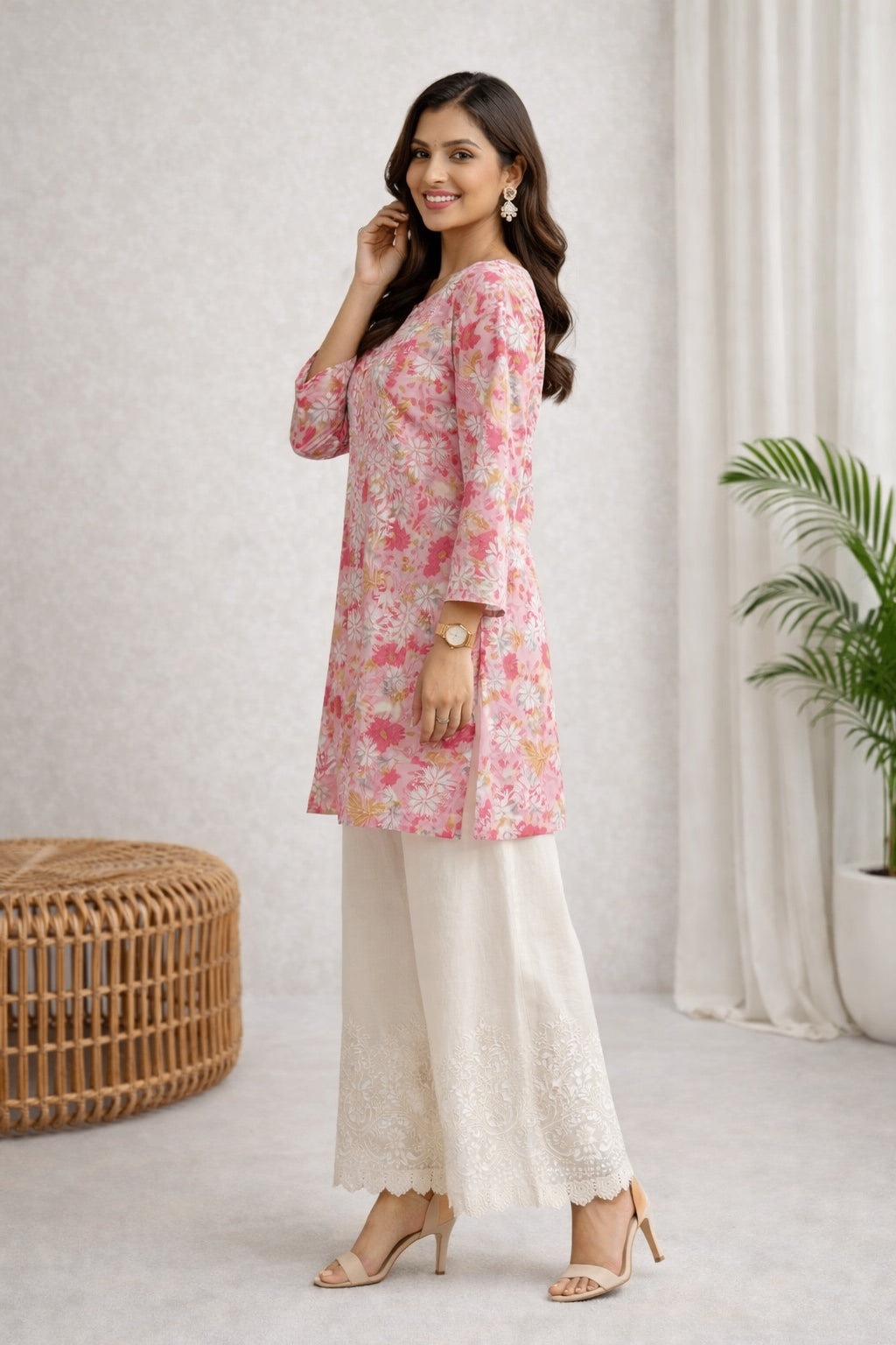 Karigiri Pink Floral Print Chikankari Short Kurti_KF0149