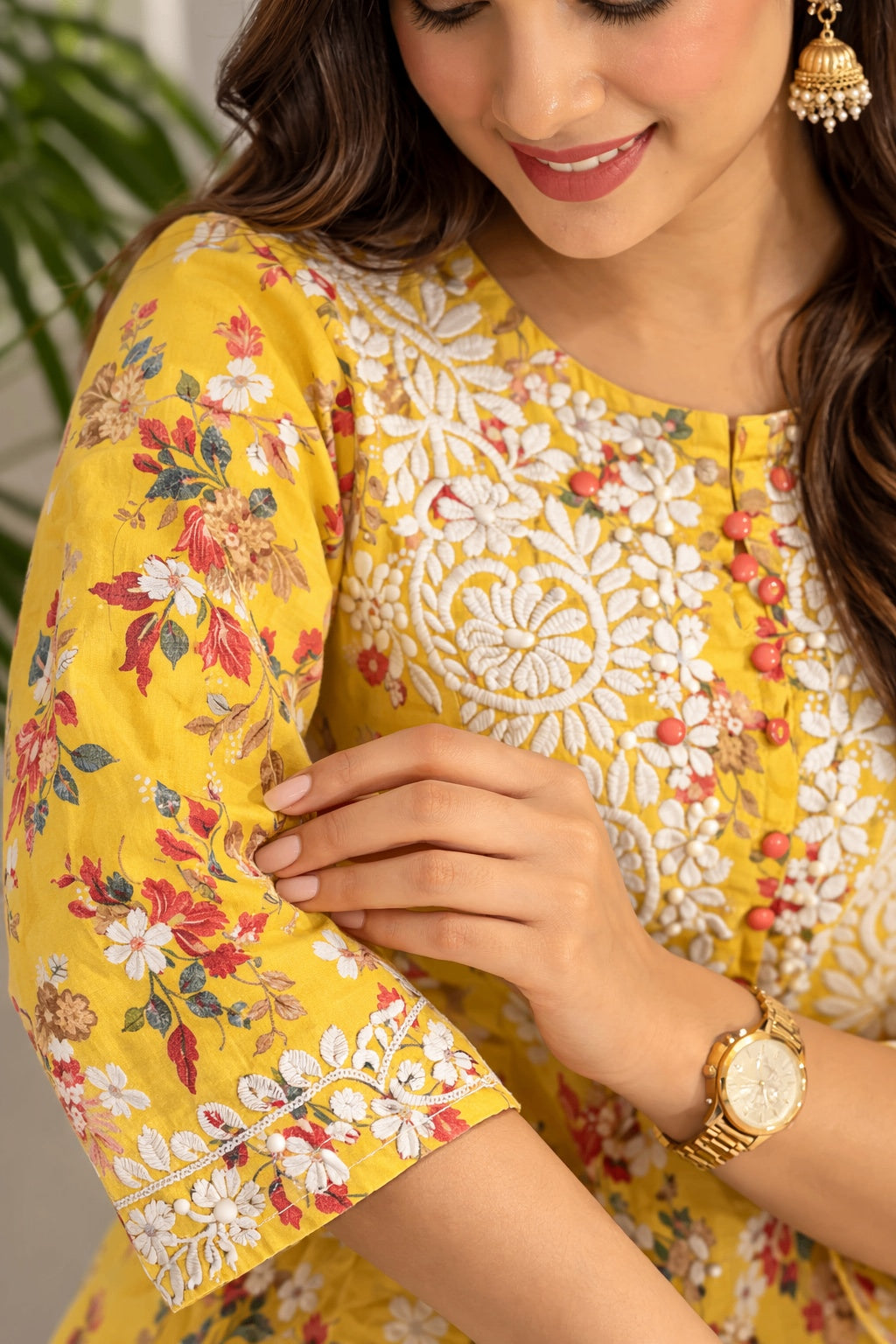 Karigiri Yellow Chikankari Printed Cotton Kurti Set_KF0185