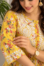 Karigiri Yellow Chikankari Printed Cotton Kurti Set_KF0185
