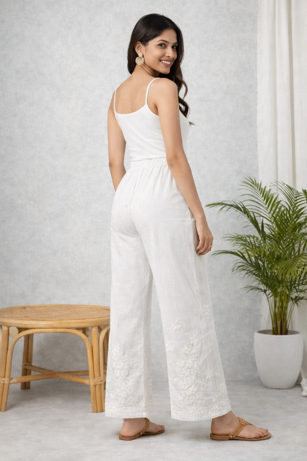 Karigiri White Chikankari Cotton Palazzo Pants_KF0196