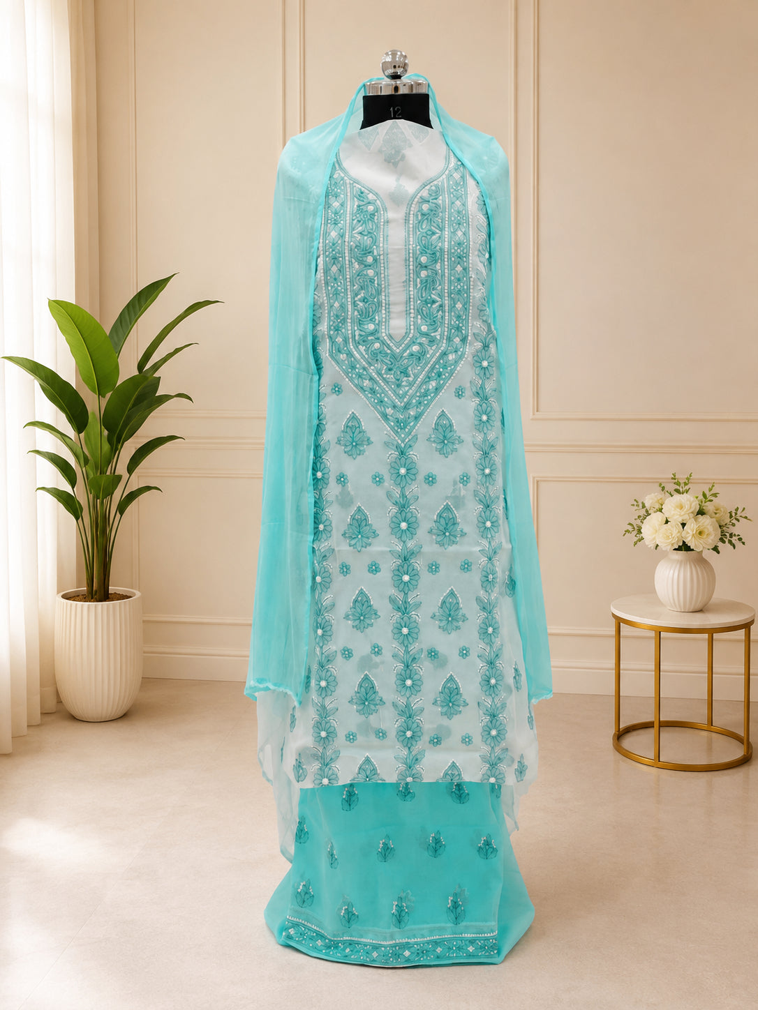 Karigiri Aqua Blue Soft Cotton Contrast Chikankari Set_AFC001