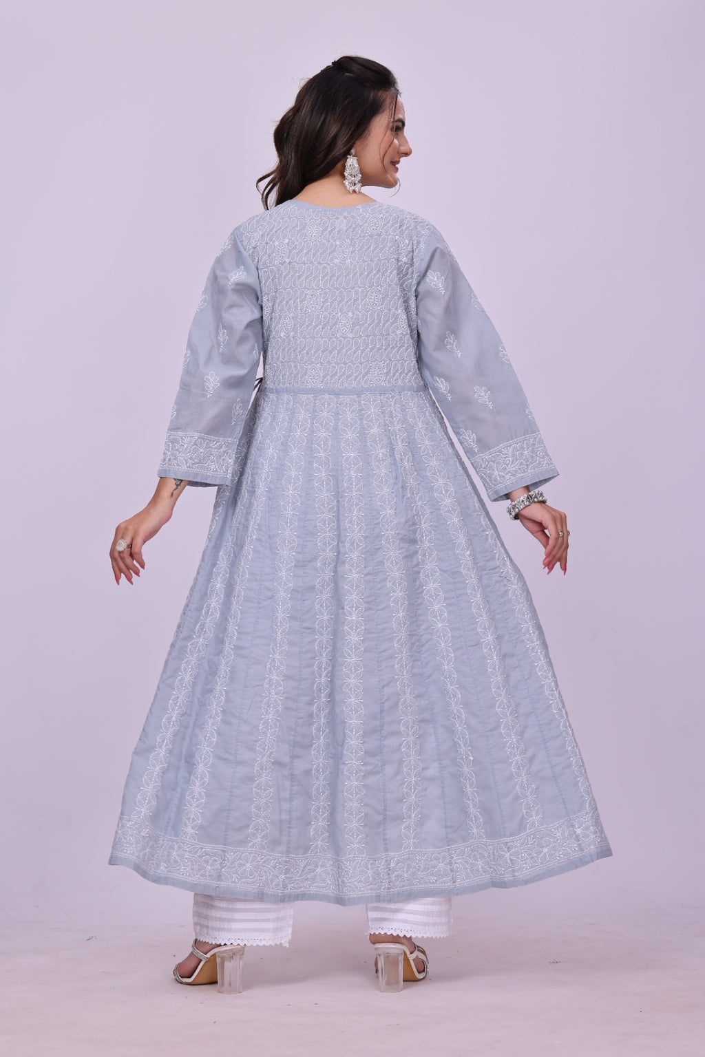 Karigiri Light Grey Embroidered Angrakha Kurta_KF0115