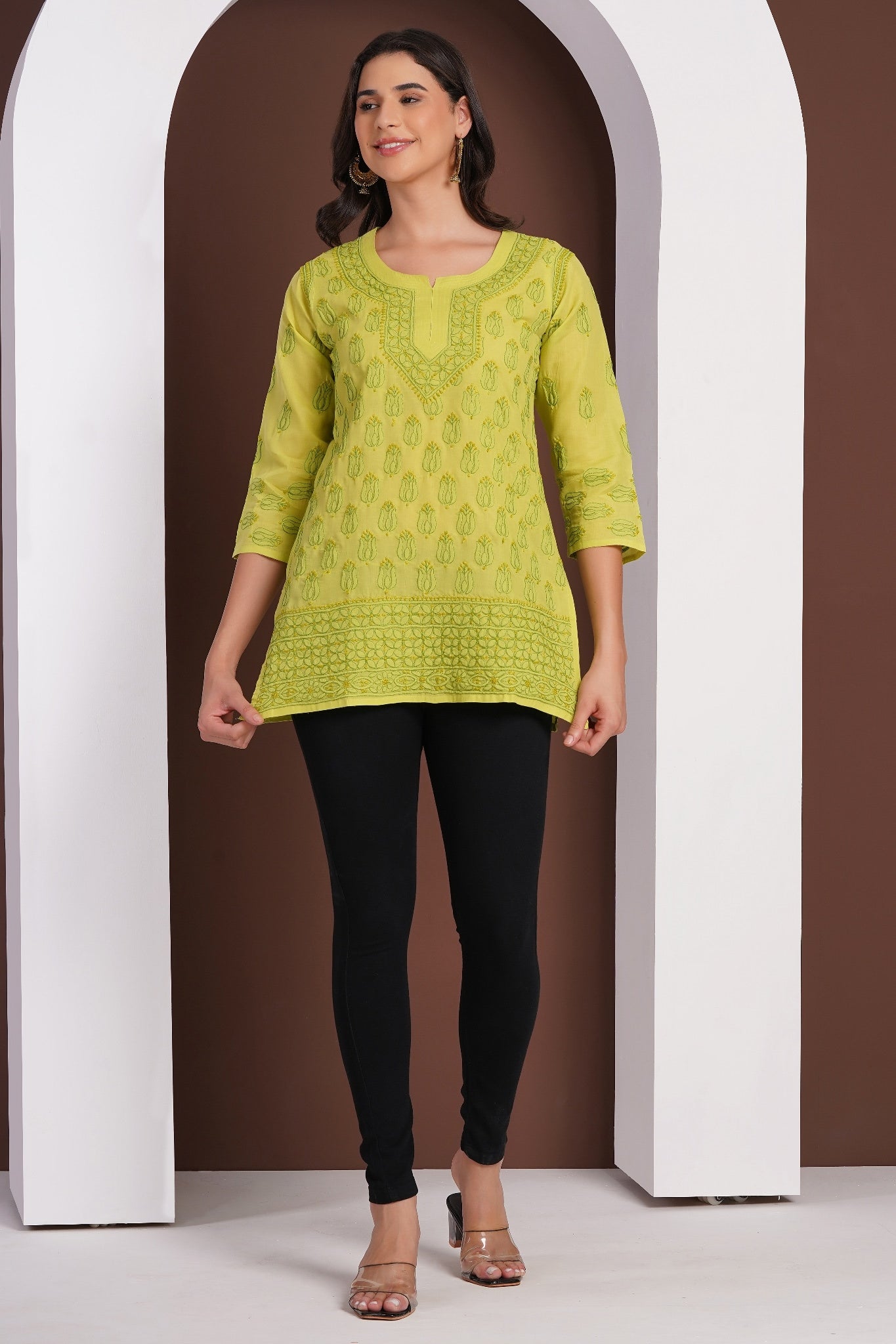 Karigiri Lime Green Chikankari Hand Embroidered Pure Cotton Short Kurti
