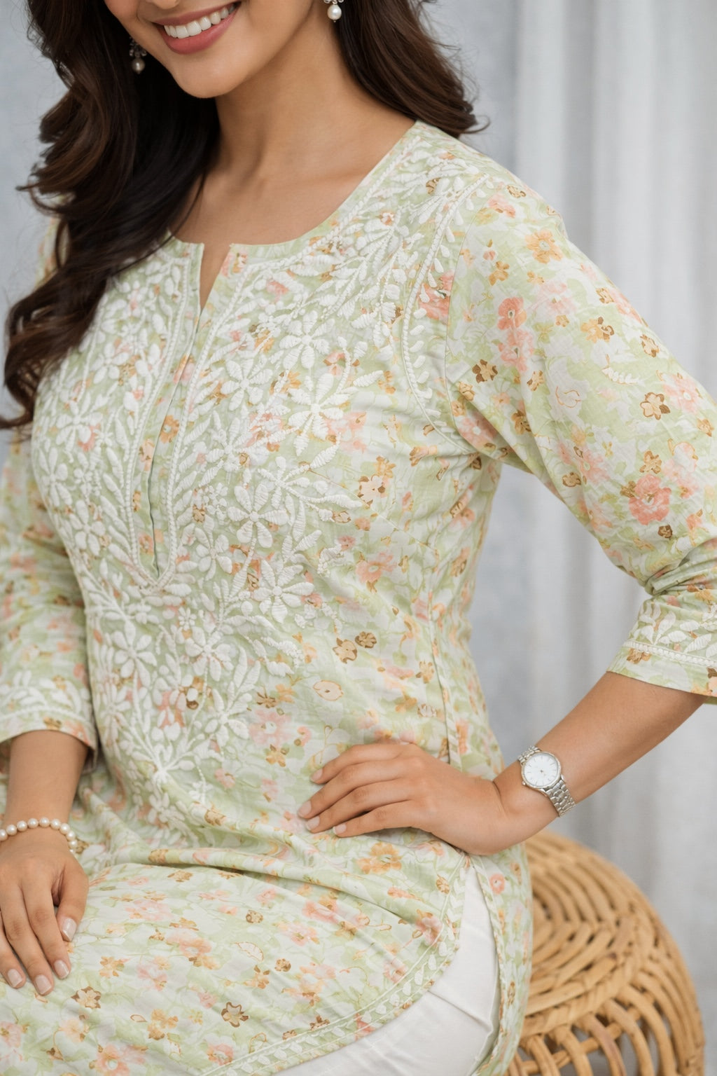 Karigiri Pastel Green Chikankari Printed Cotton Kurti_KF0061