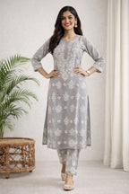 Karigiri Grey Floral Chikankari Kurti Set_KF0031