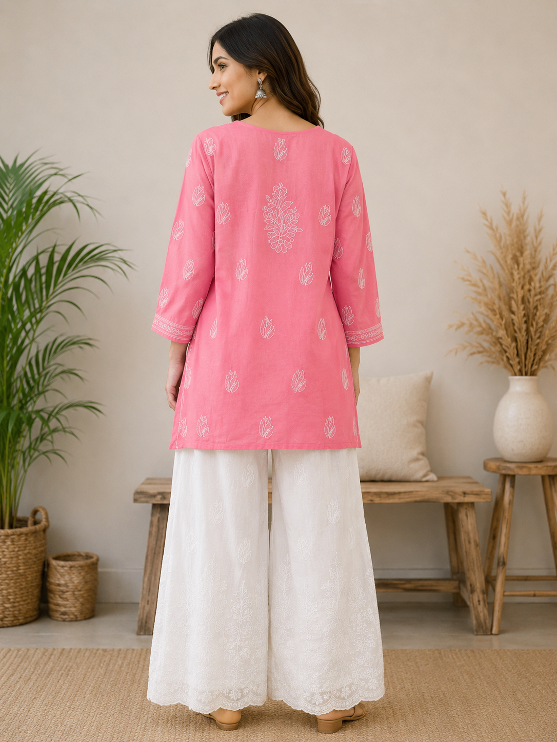 Karigiri Pink Hand Embroidered Chikankari Cotton Short Kurti_KF0304