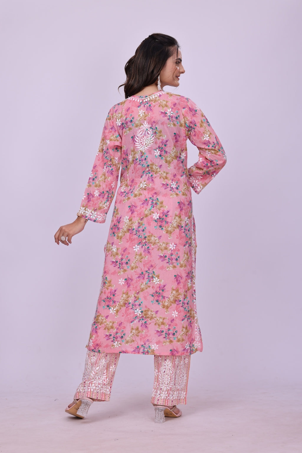Karigiri Pink Floral Chikankari Cotton Kurti Set_KF0059