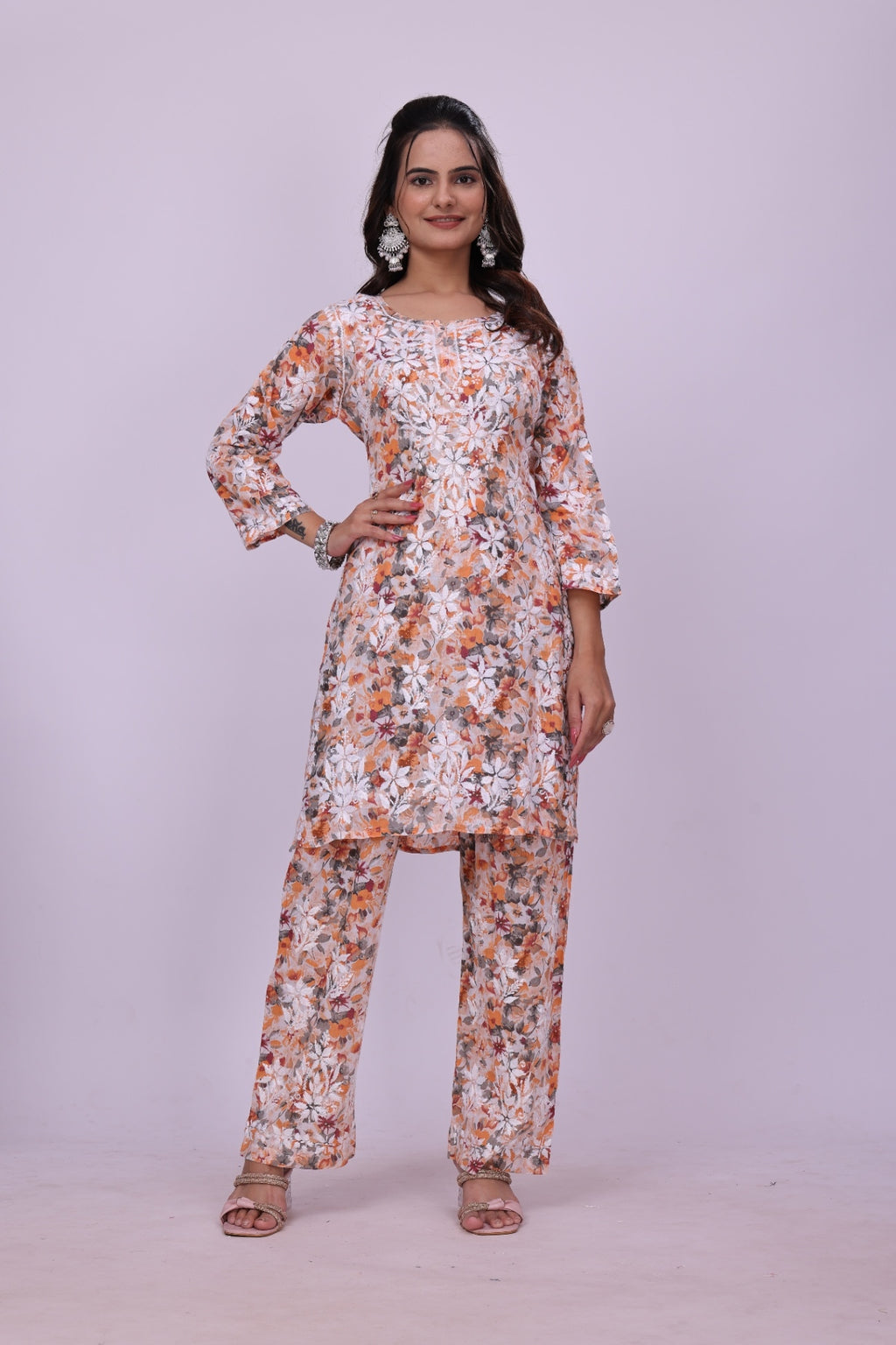 Karigiri Orange Chikankari Cotton Co-Ord Set Women_KF0060
