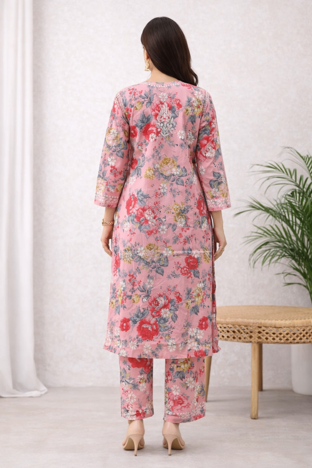 Karigiri Peach Floral Chikankari Printed Cotton Kurti Set_KF0141