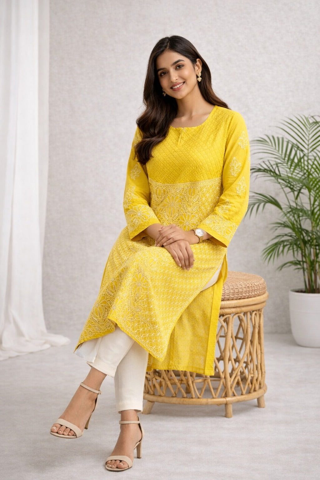 Karigiri Yellow Chikankari Cotton Kurti for Women_KF0048