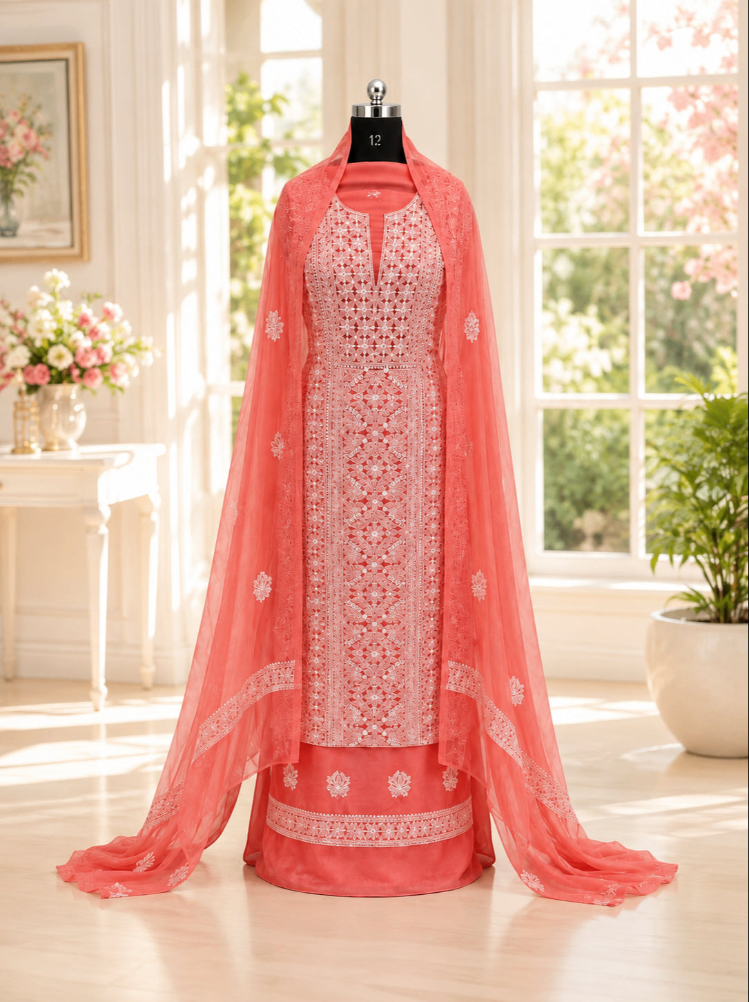 Karigiri Coral Pink Hand Embroidered Georgette 3-Piece Dress_AFG044