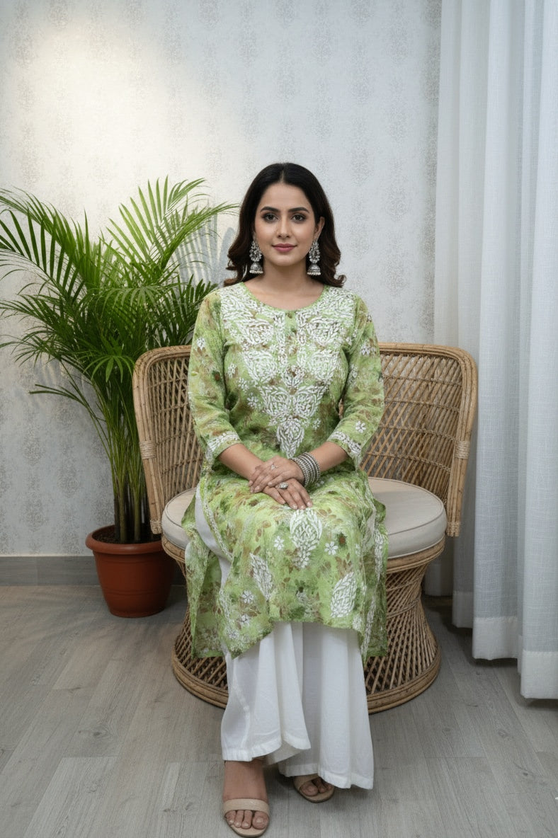Karigiri Green Floral Lucknowi Chikankari Printed Cotton Kurta_KF0217