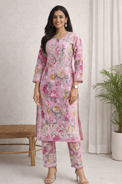 Karigiri Pink Floral Chikankari Printed Cotton Kurti Set_KF0147