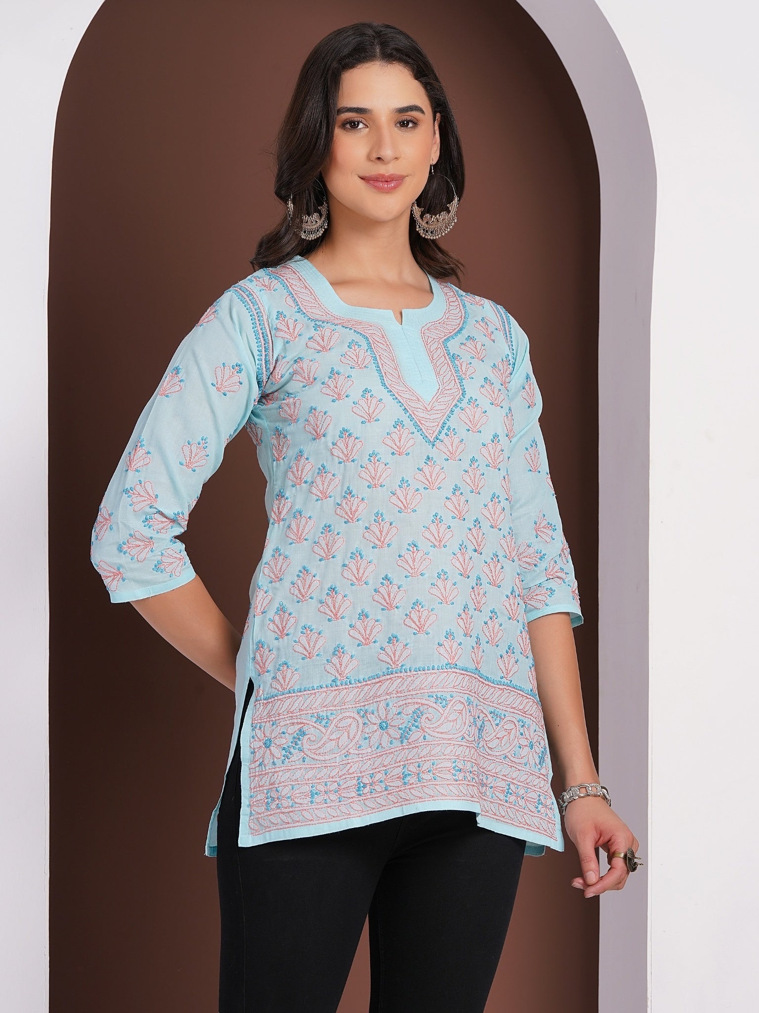 Karigiri Powder Blue Chikankari Hand Embroidered Pure Cotton Straight Hip Length Short Kurti, 3/4 Sleeve