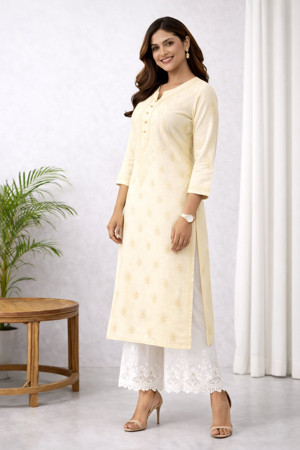 Karigiri Ivory Chikankari Cotton Kurti Women_KF0078
