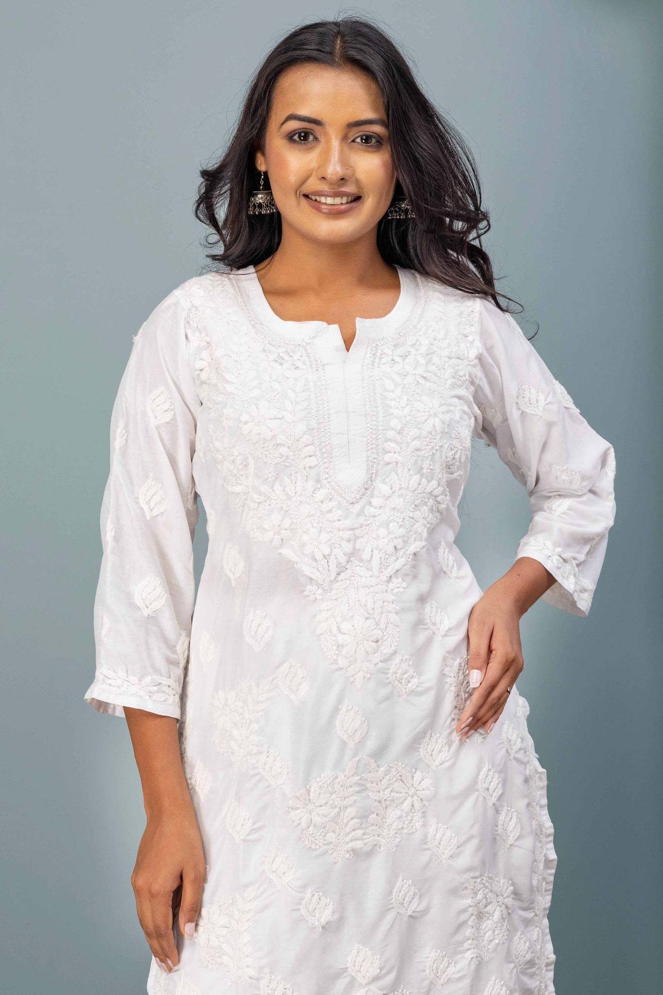 Karigiri White Chikankari Hand Embroidered Muslin Kurti Set with Floral Motifs, 3/4 Sleeves