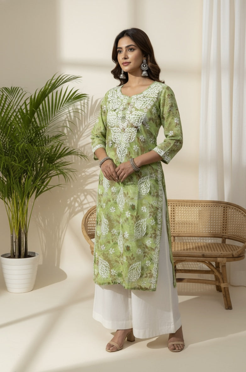 Karigiri Green Floral Lucknowi Chikankari Printed Cotton Kurta_KF0217