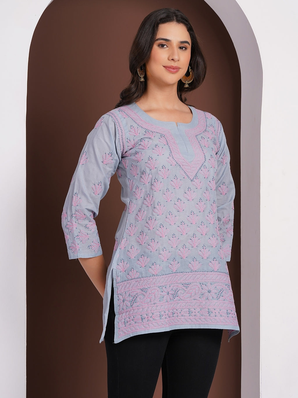 Karigiri Lucknowi Chikankari Hand Embroidered Pure Cotton Gray Short Kurti, 3/4 Sleeve, Ethnic Wear for Women