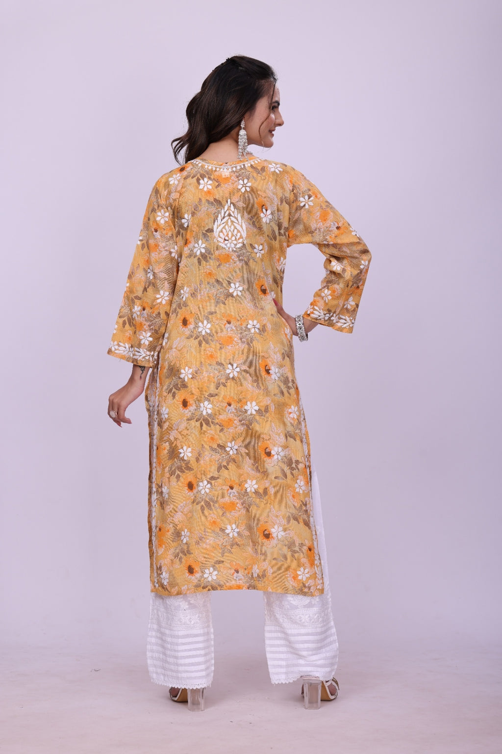 Karigiri Mustard Yellow Chikankari Printed Cotton Kurta_KF0220