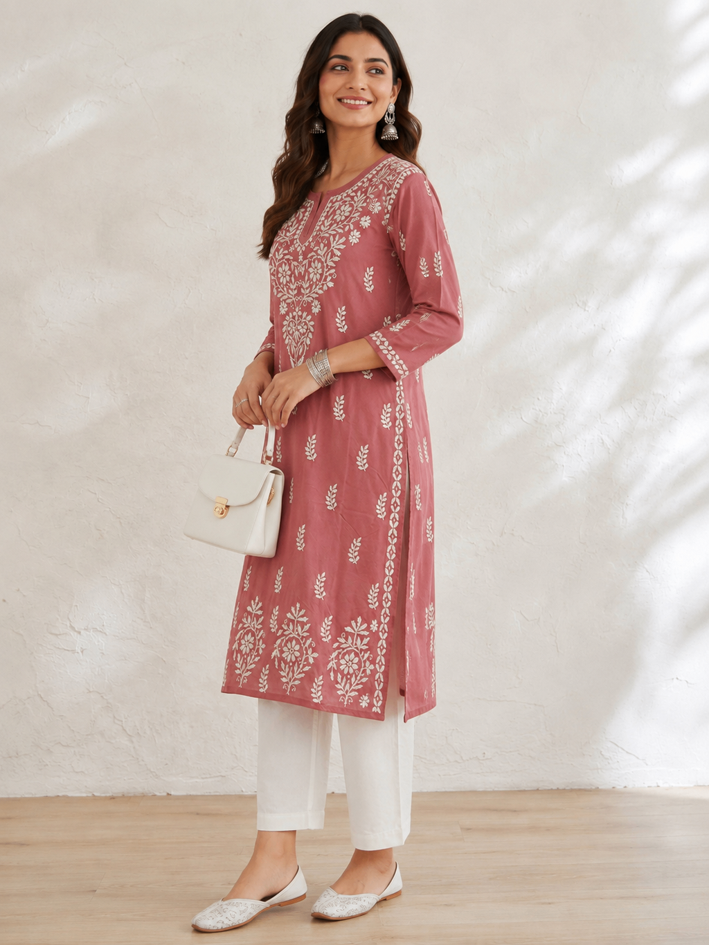 Karigiri Rose Pink Lucknowi Chikankari Hand Embroidered Soft Mulmul Cotton Straight Kurti for Women, 3/4 Sleeve, Calf Length Ethnic Wear_KFRP0416