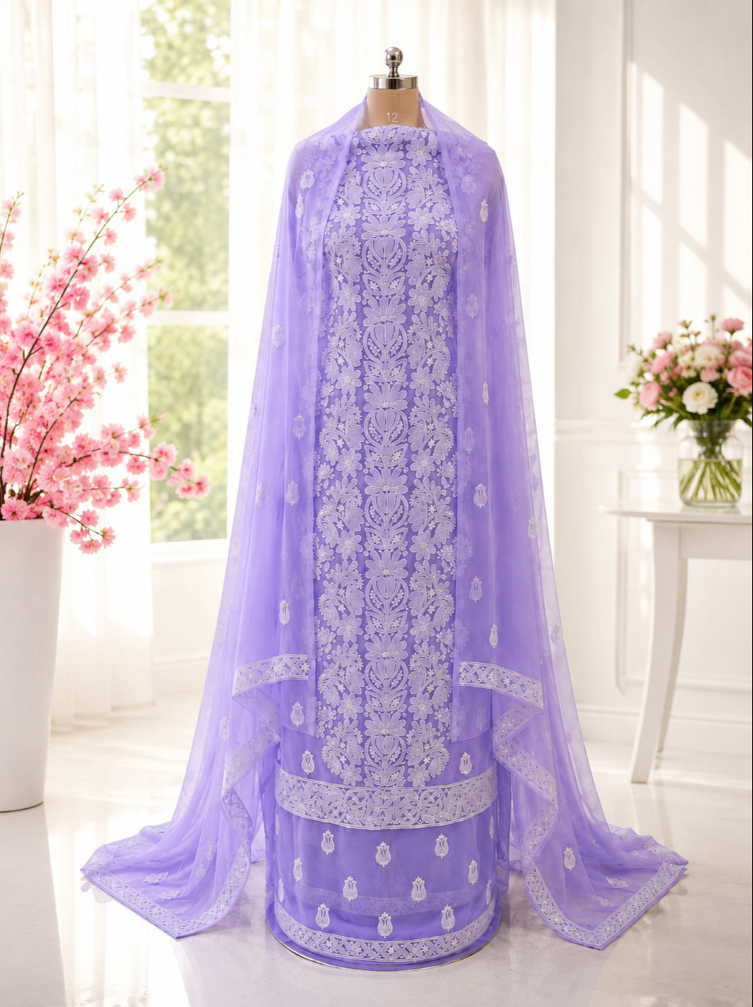 Karigiri Soft Lavender Hand Embroidered Georgette Dress Set_AFG013