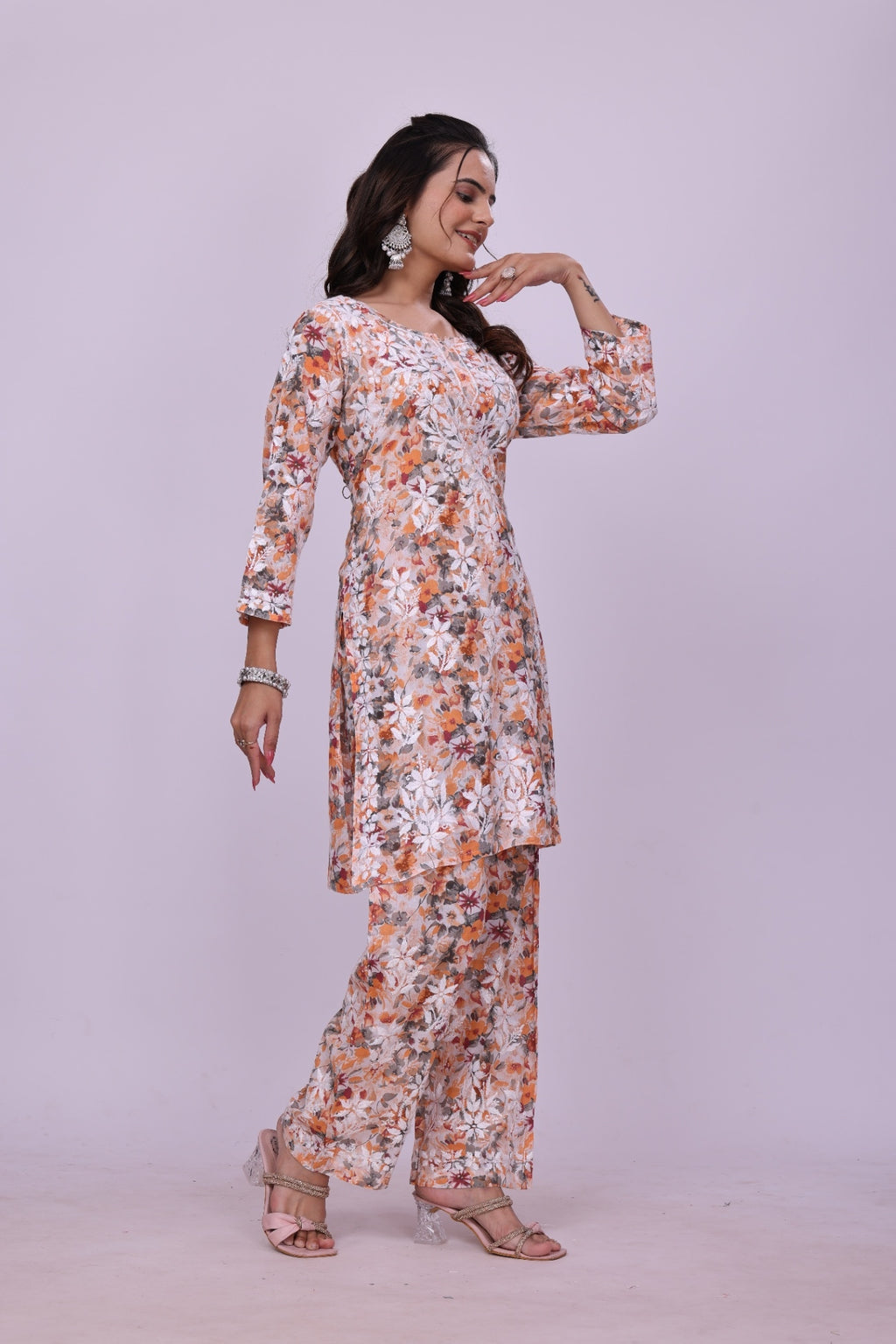 Karigiri Orange Chikankari Cotton Co-Ord Set Women_KF0060