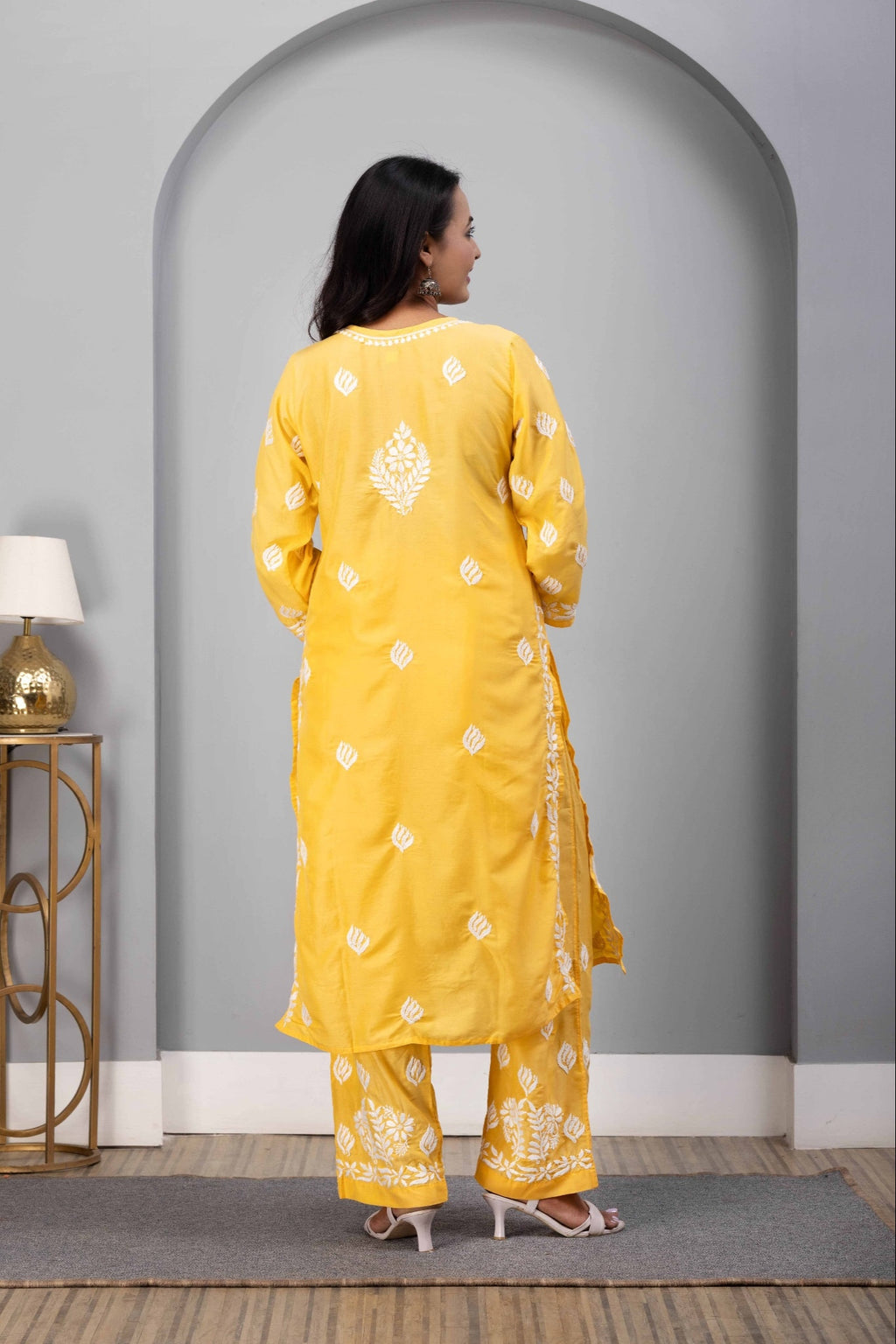 Karigiri Yellow Chikankari Hand Embroidered Muslin Kurti Set with White Floral Motifs, 3/4 Sleeves