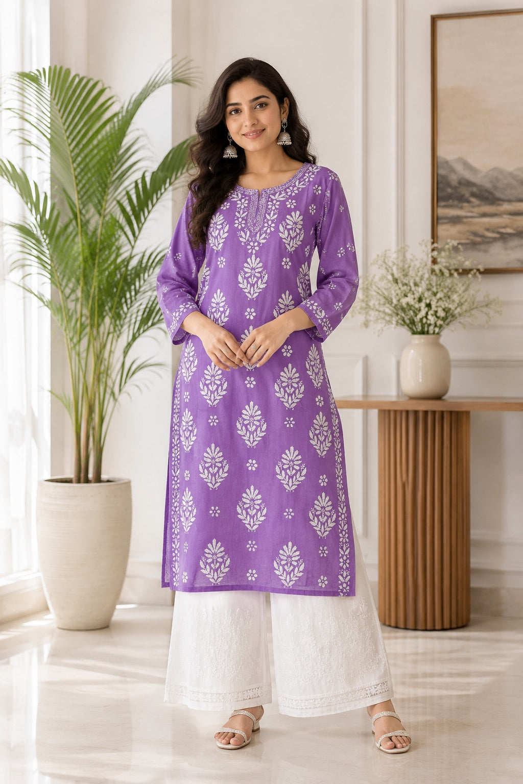 Karigiri Purple Chikankari Soft Mulmul Cotton Kurti_KF0161