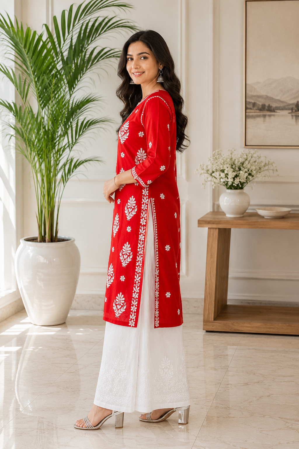 Karigiri Red Chikankari Mulmul Cotton Kurti Women_KF0066