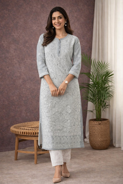 Karigiri Grey Georgette Chikankari Jaaldar Kurti_KF0038