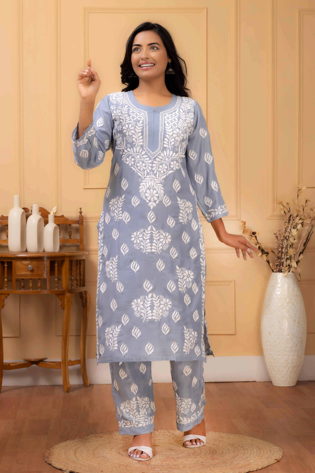 Karigiri Dusty Blue Chikankari Hand Embroidered Muslin Kurti Set with White Floral Motifs, 3/4 Sleeves