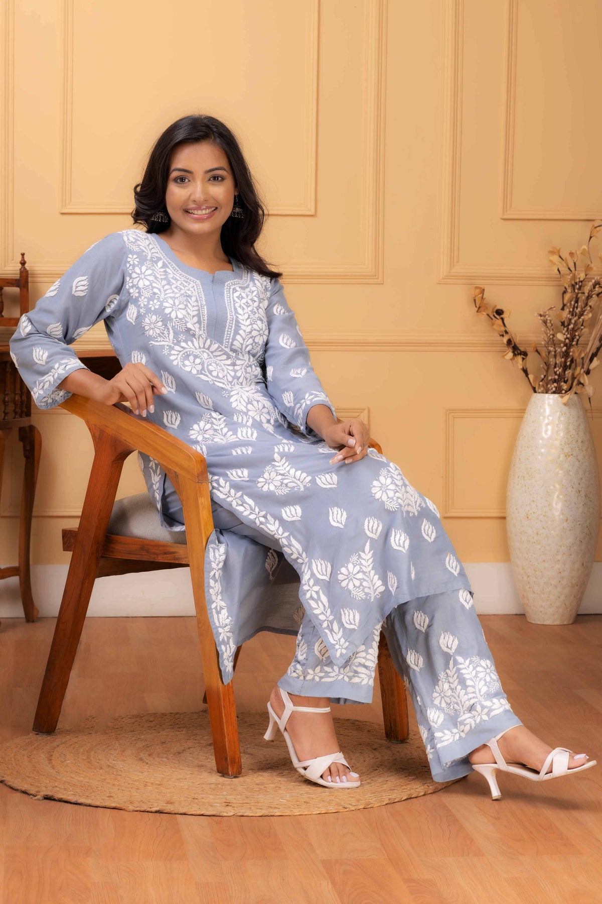 Karigiri Dusty Blue Chikankari Hand Embroidered Muslin Kurti Set with White Floral Motifs, 3/4 Sleeves