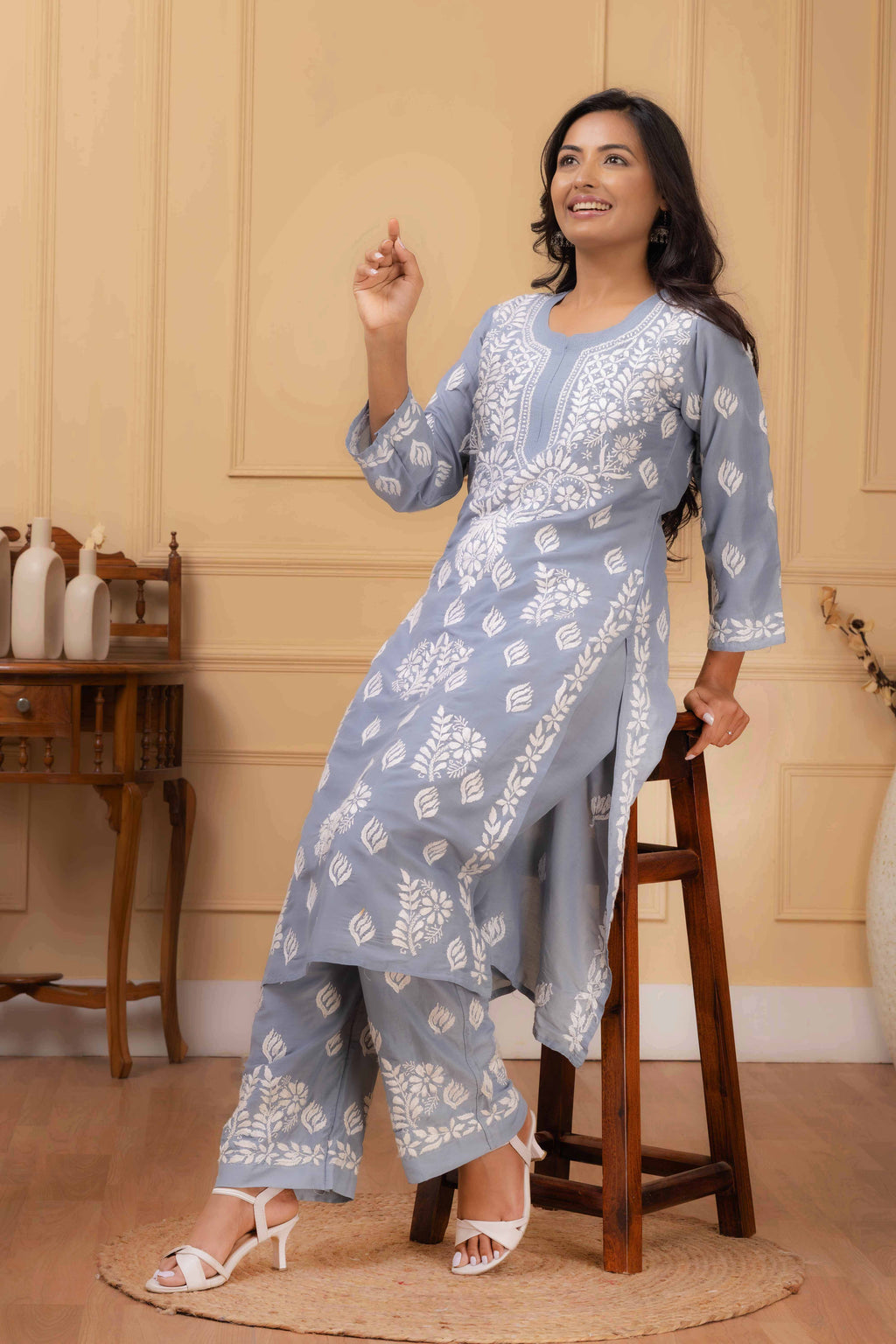 Karigiri Dusty Blue Chikankari Hand Embroidered Muslin Kurti Set with White Floral Motifs, 3/4 Sleeves