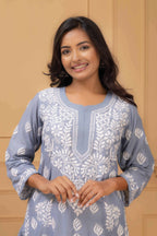 Karigiri Dusty Blue Chikankari Hand Embroidered Muslin Kurti Set with White Floral Motifs, 3/4 Sleeves