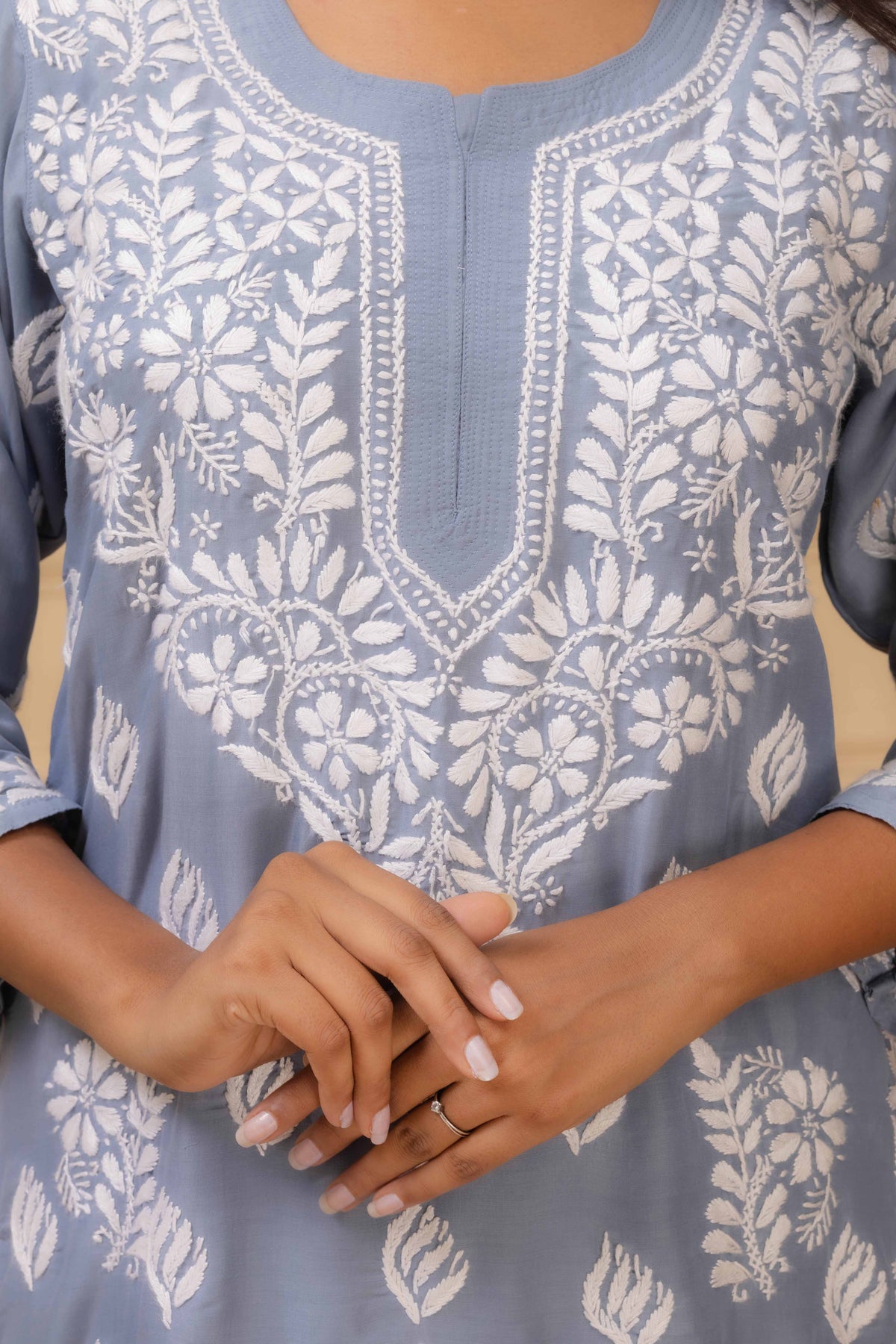 Karigiri Dusty Blue Chikankari Hand Embroidered Muslin Kurti Set with White Floral Motifs, 3/4 Sleeves
