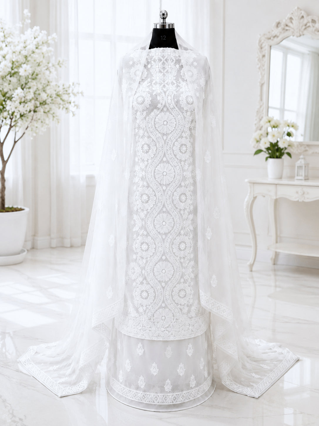 Karigiri White Hand Embroidered Georgette Dress Material_AFG018