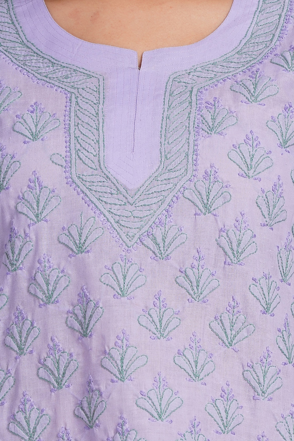Karigiri Lucknowi Chikankari Hand Embroidered Pure Cotton Straight Hip Length Short Lavender Kurti, 3/4 Sleeve, Ethnic Wear
