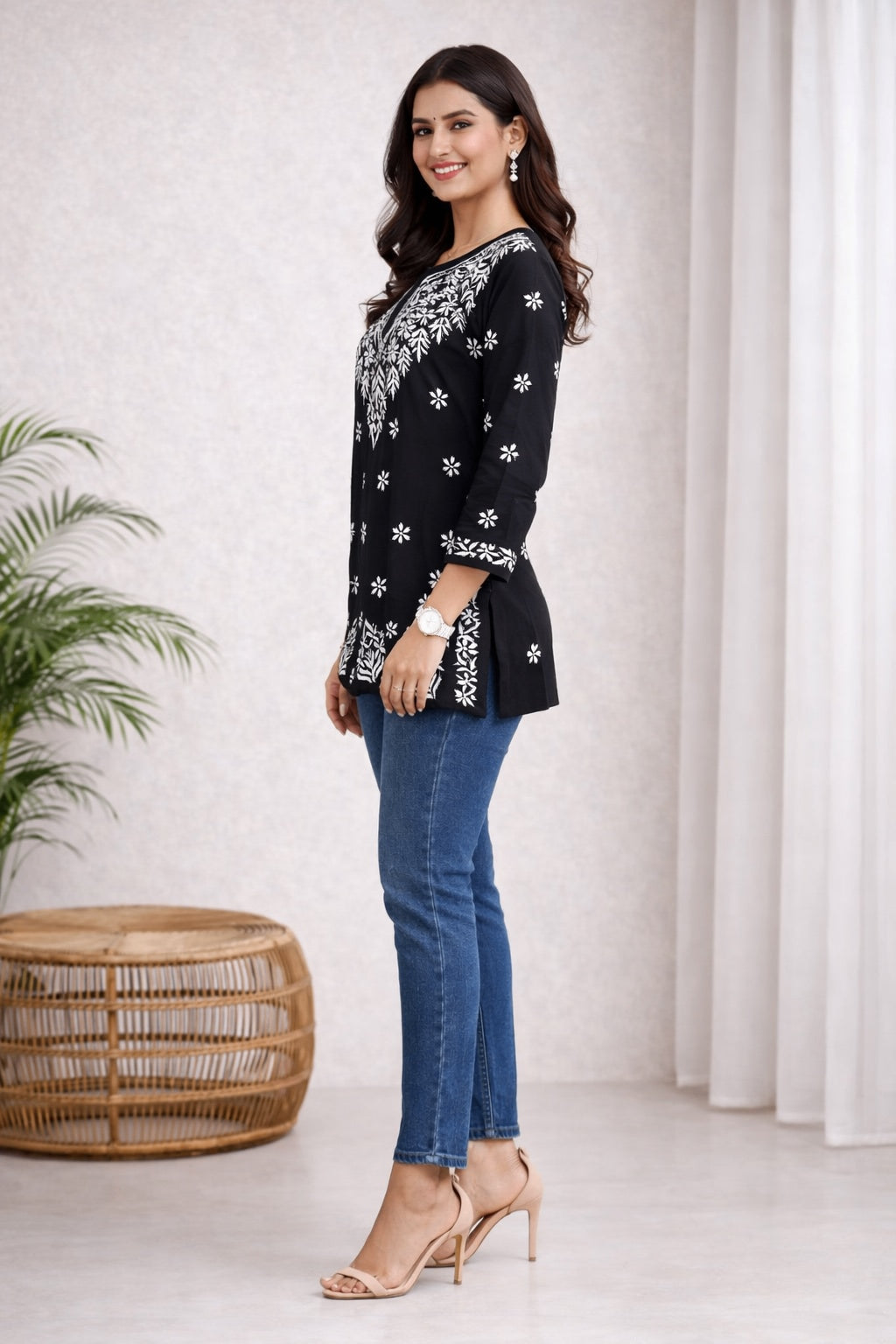 Karigiri Black Chikankari Rayon Short Kurti Women_KF0015