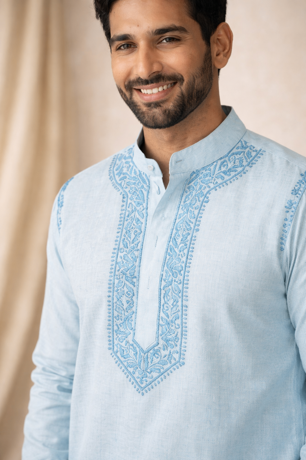 Karigiri Sky Blue Lucknowi Chikankari Cotton Men's Kurta_KF0183