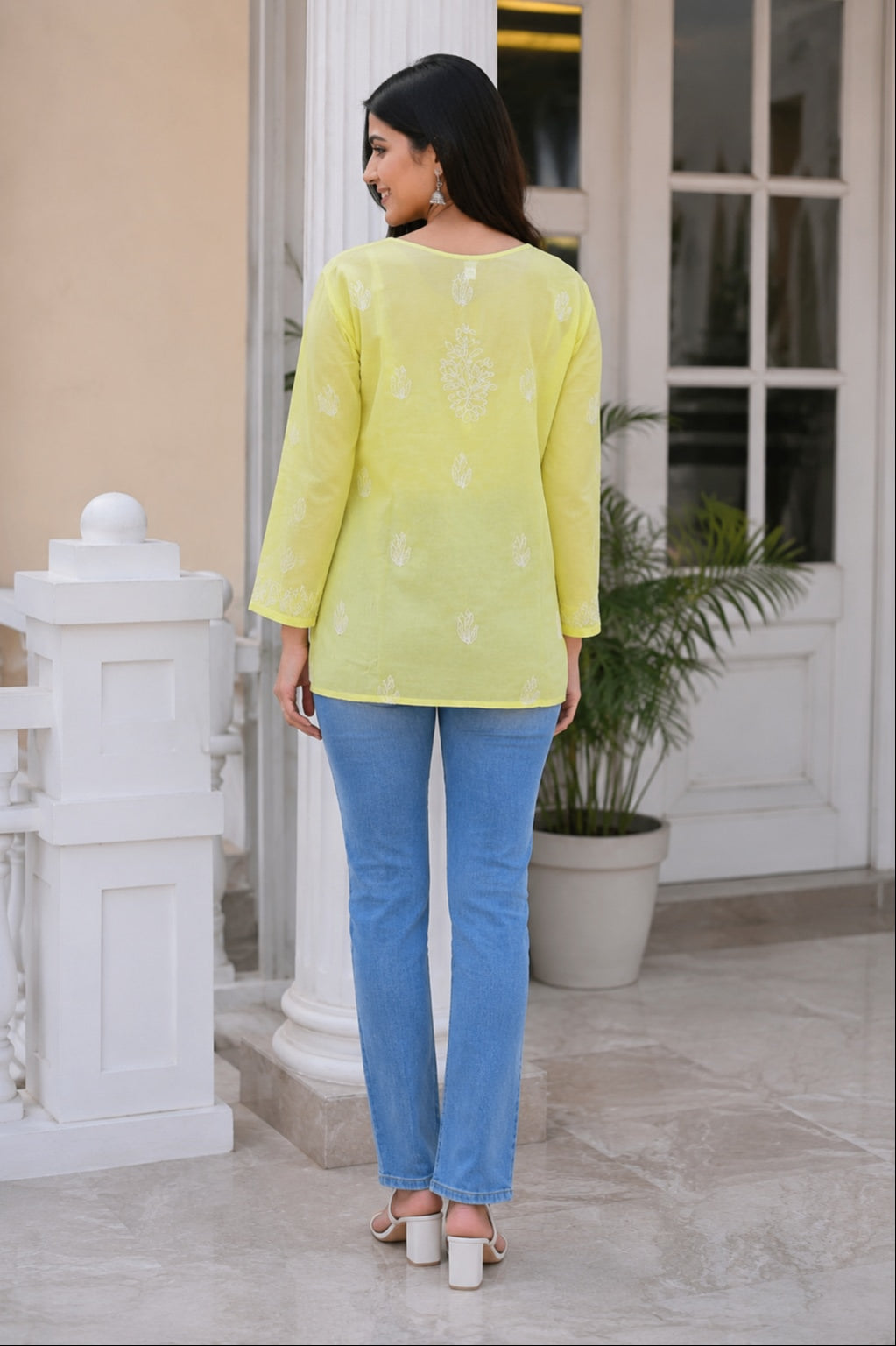 Karigiri Lemon Yellow Hand Embroidered Cotton Short Kurti_KF0302