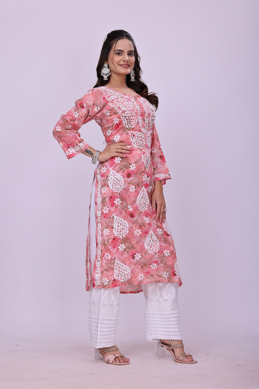 Karigiri Coral Pink Chikankari Printed Cotton Kurti_KF0028