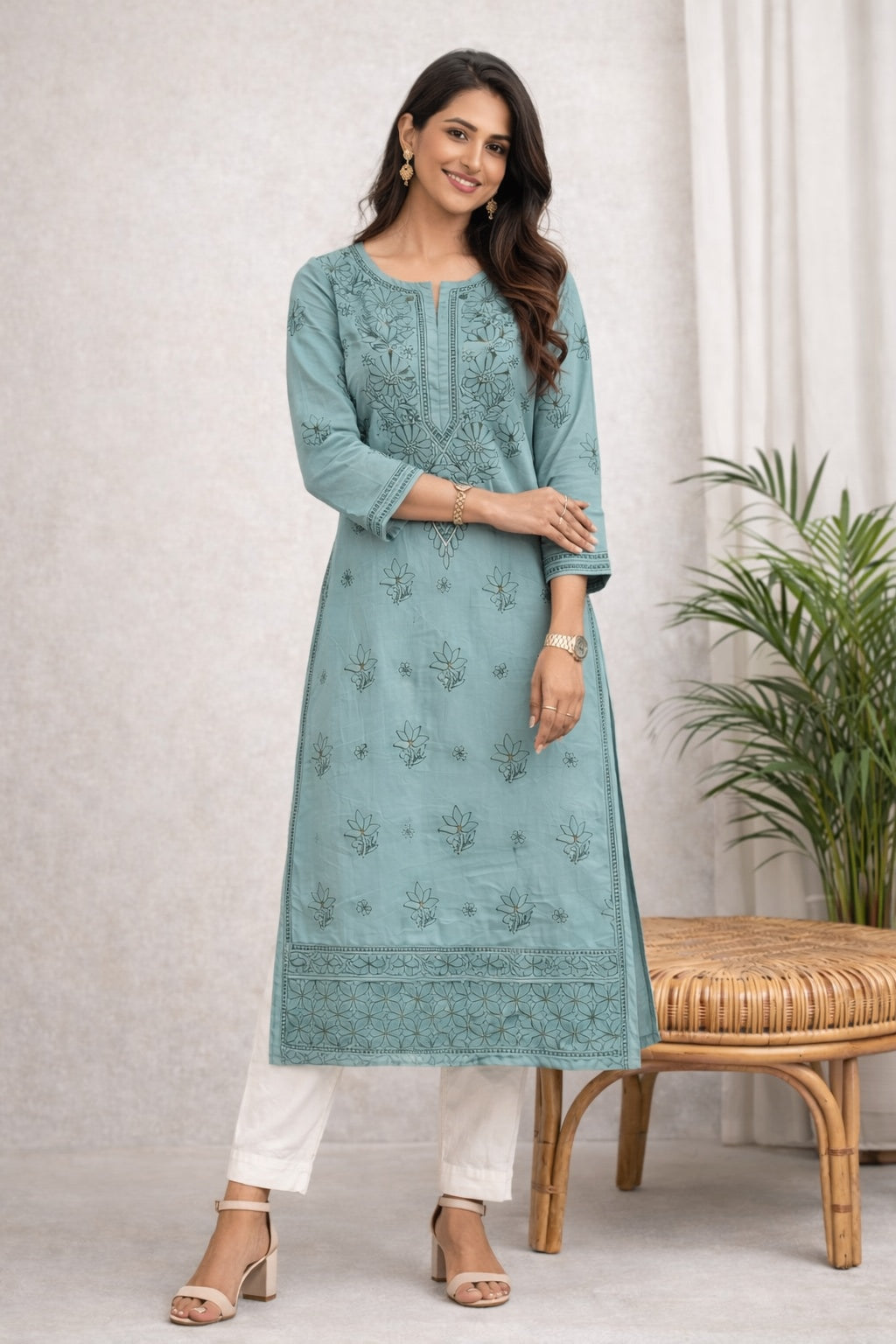 Karigiri Grey Chikankari Cotton Kurti Floral Work_KF0047